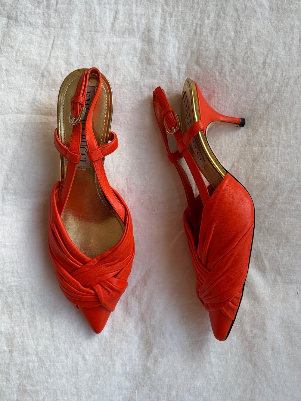Emilio Pucci Knot Twisted Leather Pointy Toe Slingback Kitten Heels Orange Gold
